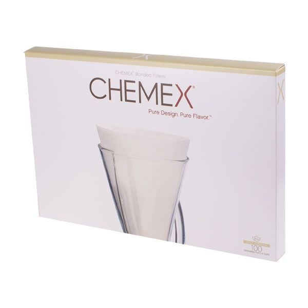 Packshot van een doos Chemex 3-kops papieren filters. Bevat 100 ongevouwen filters voor een pure koffie-ervaring. Duurzaam en geschikt voor gebruik met Chemex Coffee Maker.
